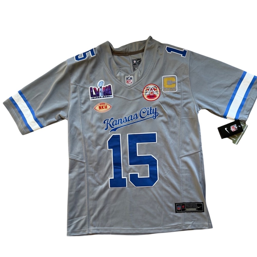 Kansas City Chiefs Patrick Mahomes 15 NFL Super Bowl Grey Jersey Men L